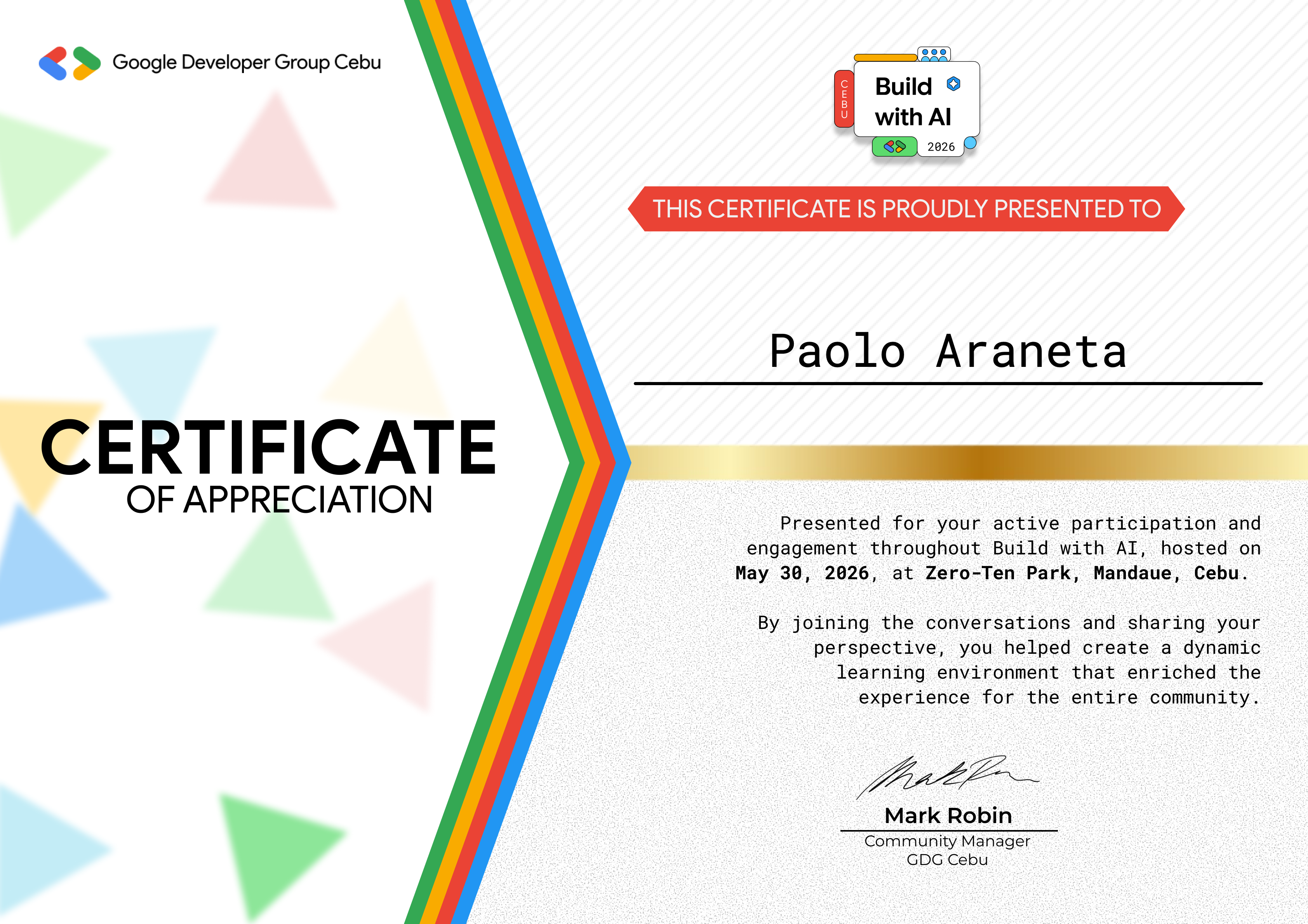 Build with AI Cebu 2026 certificate preview